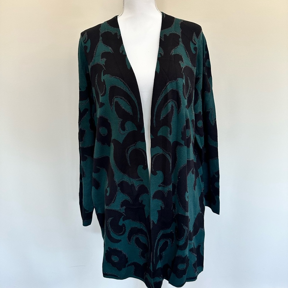 Chico’s Teal and Black Patterned Cardigan with Silver Sparkle Accents